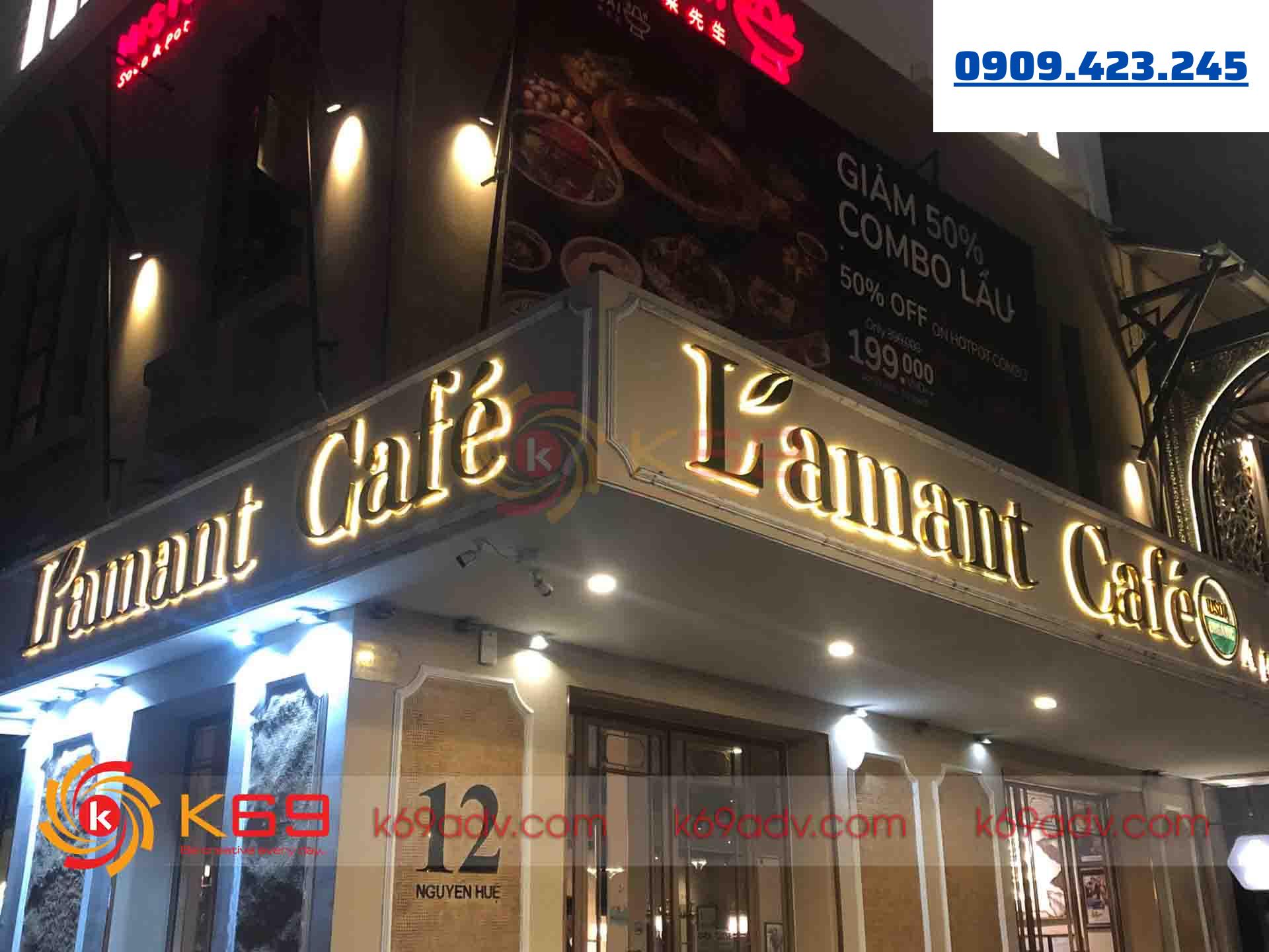 Ảnh thi công làm bảng hiệu chữ nổi Inox có đèn cho quán cafe tại K69ADV